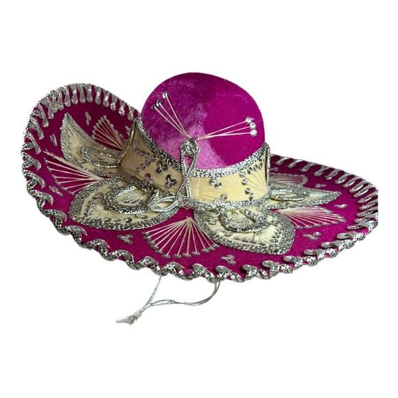 Pink Elaborate Genuine Mexico & Silver Mexican Sombrero Hat 6 3/4 Yepez Velvet - Picture 3 of 12
